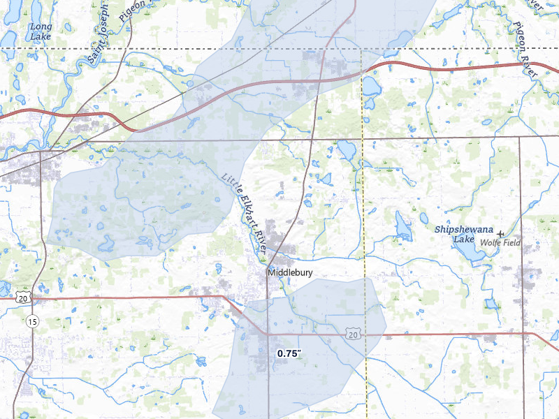 NEXRAD radar-signature map of the hail over Middlebury, IN