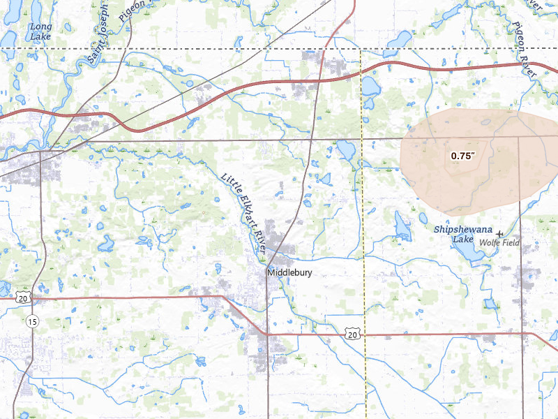 Radar-estimated hail-size map of the storm over Middlebury, IN on Jul 3, 2026