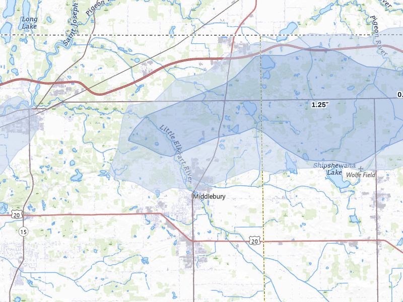NEXRAD radar-signature map of the hail over Middlebury, IN
