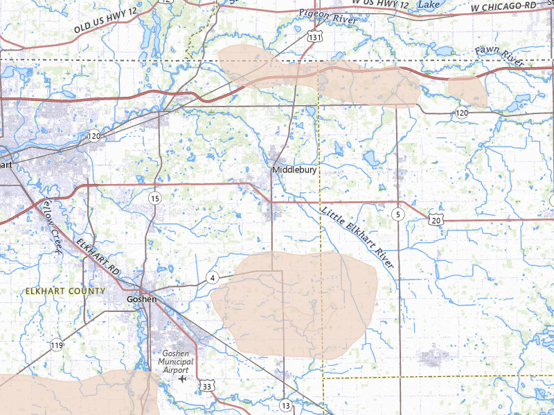 Radar-estimated hail-size map of the storm over Middlebury, IN on Aug 10, 2026