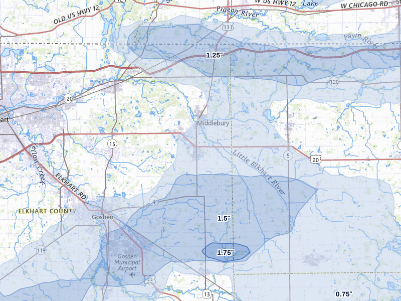 NEXRAD radar-signature map of the hail storm over Middlebury, IN on Aug 10, 2026