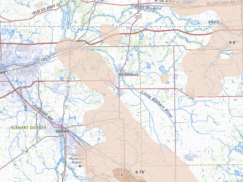 Radar-estimated hail-size map of the storm over Middlebury, IN on Sep 4, 2026