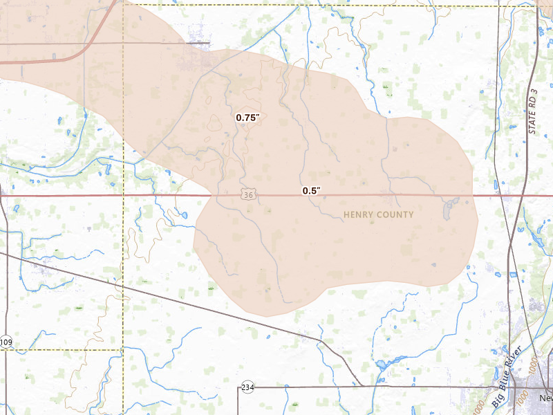 Radar-estimated hail-size map of the storm over Middletown, IN on Aug 11, 2026