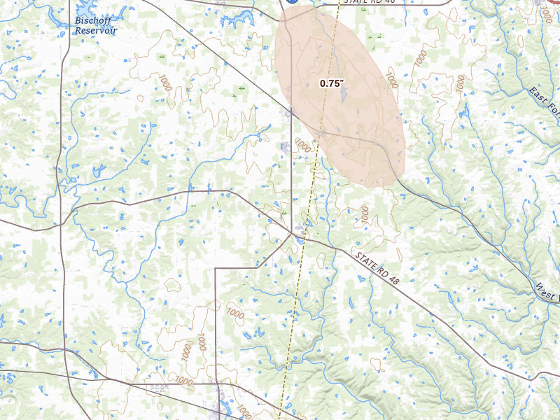 Radar-estimated hail-size map of the storm over Milan, IN on Sep 5, 2026