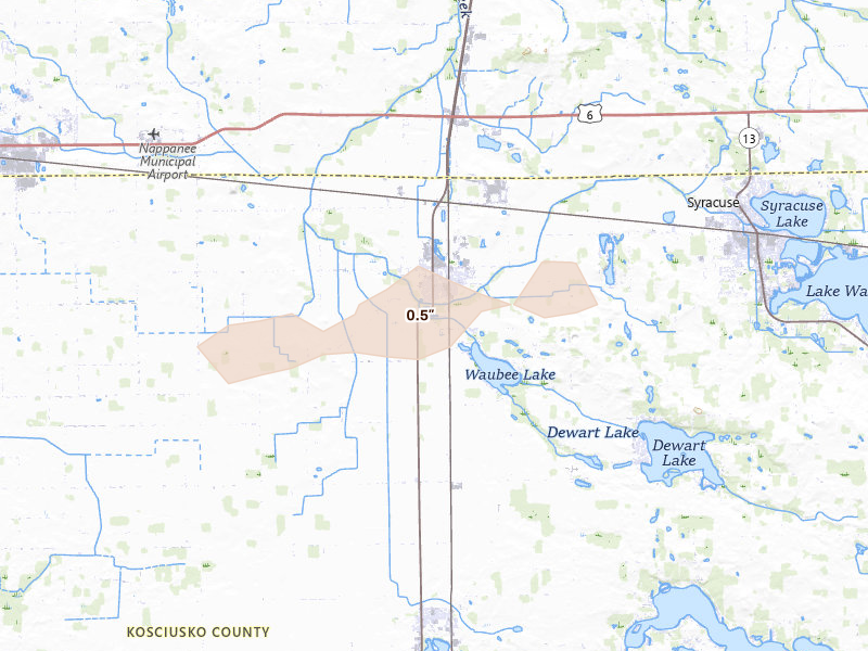 Radar-estimated hail-size map of the storm over Milford, IN on Jun 6, 2026