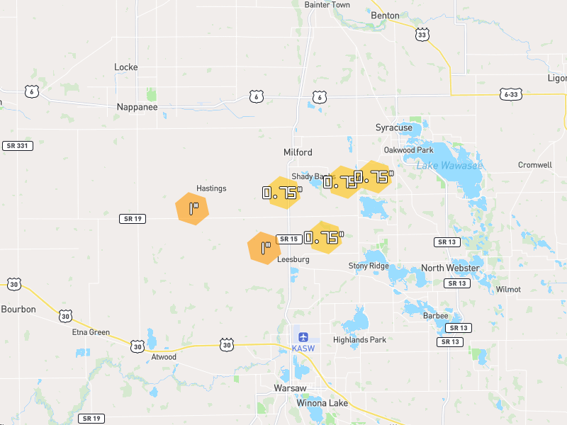 Hail map of Milford, IN on Jun 6, 2026, hail up to 1"