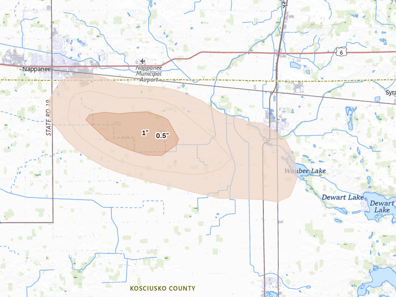 Radar-estimated hail-size map of the storm over Milford, IN on Aug 26, 2026