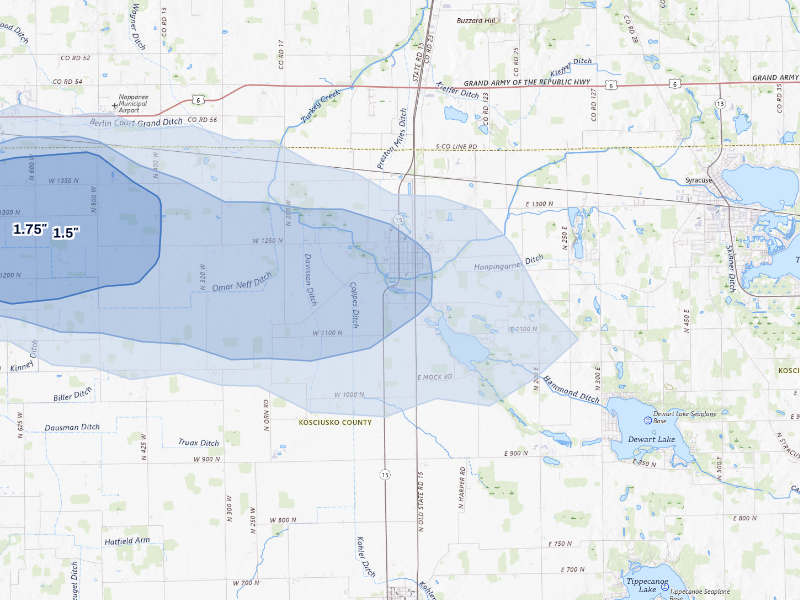 NEXRAD radar-signature map of the hail storm over Milford, IN on Aug 26, 2026