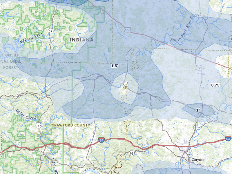 NEXRAD radar-signature map of the hail storm over Milltown, IN on Mar 22, 2026