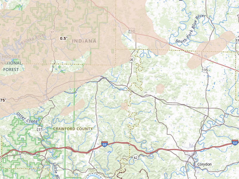 Radar-estimated hail-size map of the storm over Milltown, IN on Apr 27, 2026