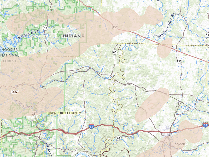Radar-estimated hail-size map of the storm over Milltown, IN on May 16, 2026