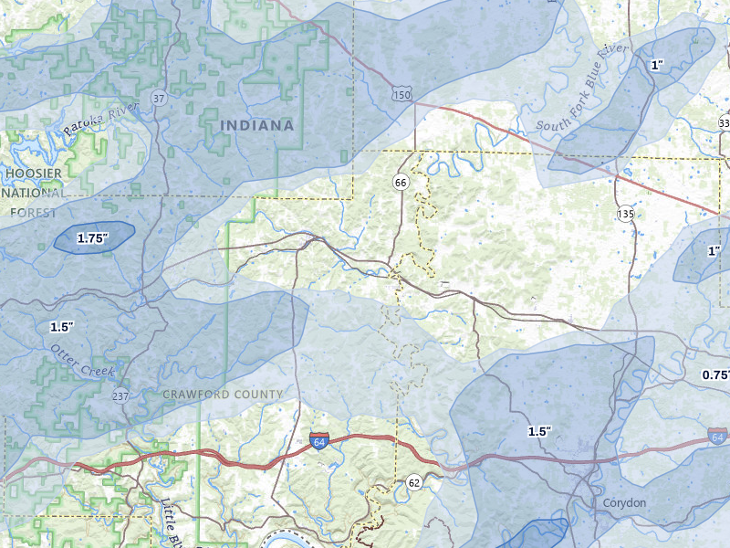 NEXRAD radar-signature map of the hail storm over Milltown, IN on May 16, 2026