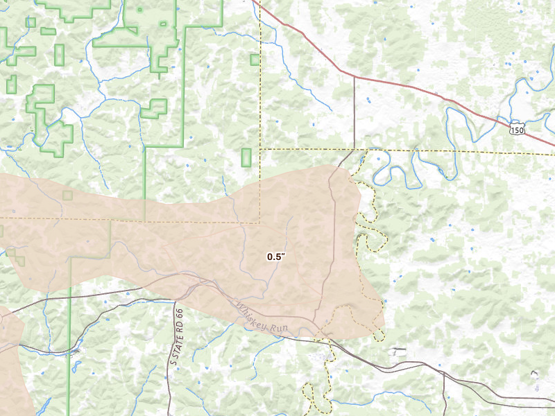 Radar-estimated hail-size map of the storm over Milltown, IN on Aug 11, 2026