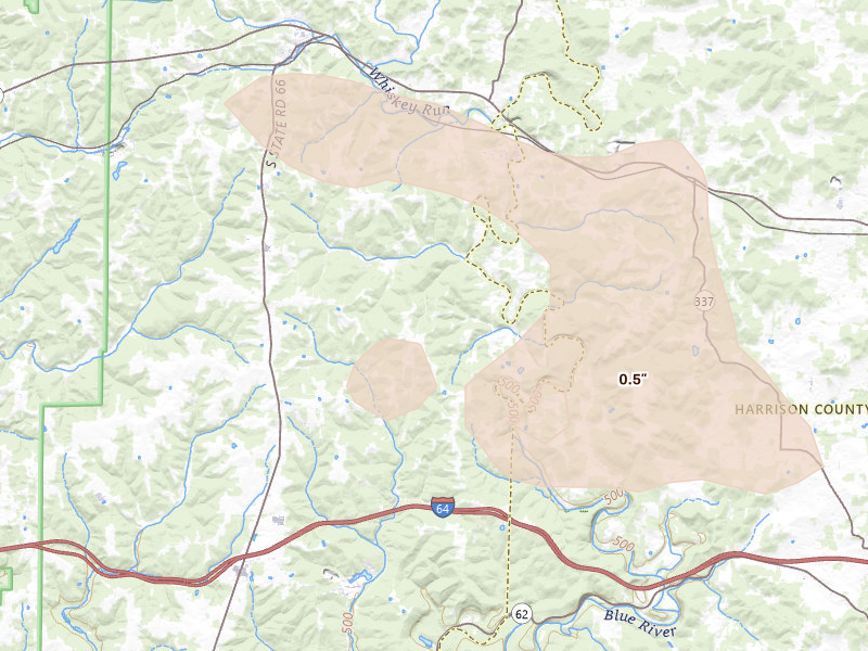 Radar-estimated hail-size map of the storm over Milltown, IN on Aug 16, 2026