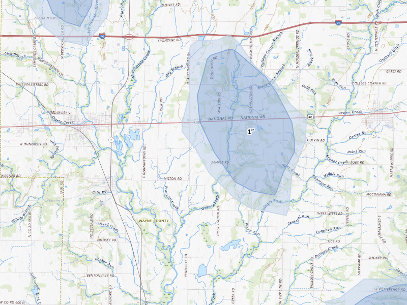 NEXRAD radar-signature map of the hail storm over Milton, IN on Aug 13, 2026