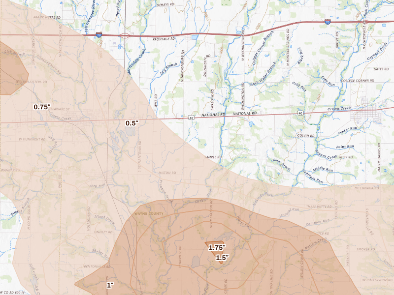 Radar-estimated hail-size map of the storm over Milton, IN
