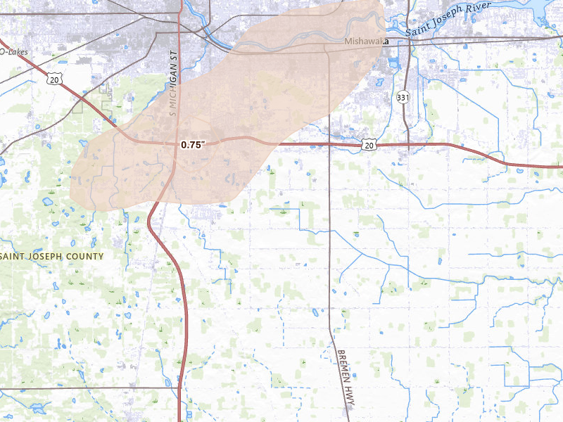 Radar-estimated hail-size map of the storm over Mishawaka, IN on Jul 3, 2026