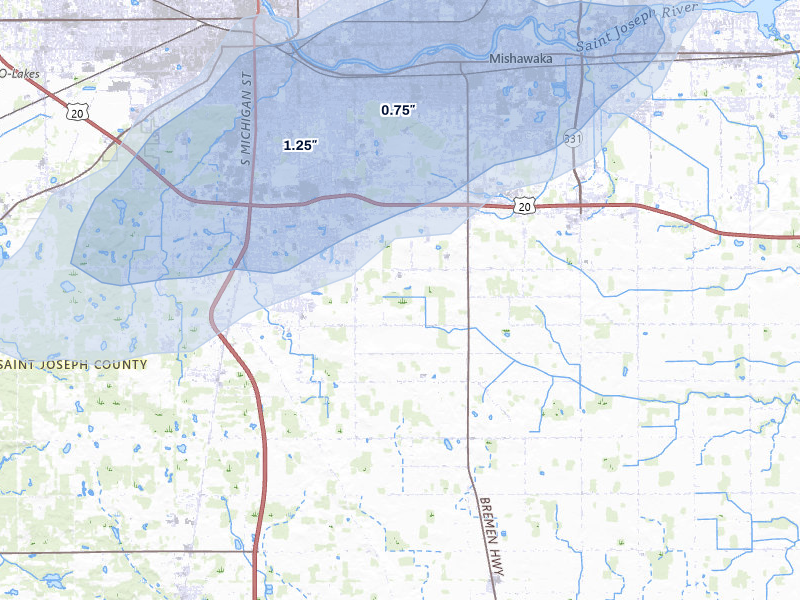 NEXRAD radar-signature map of the hail over Mishawaka, IN