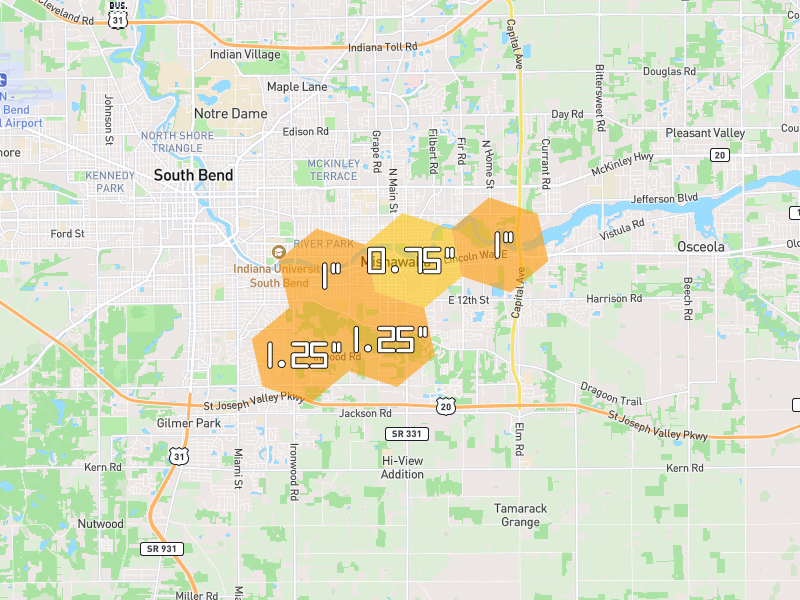 Hail map of Mishawaka, IN on Jul 3, 2026, hail up to 1.25"