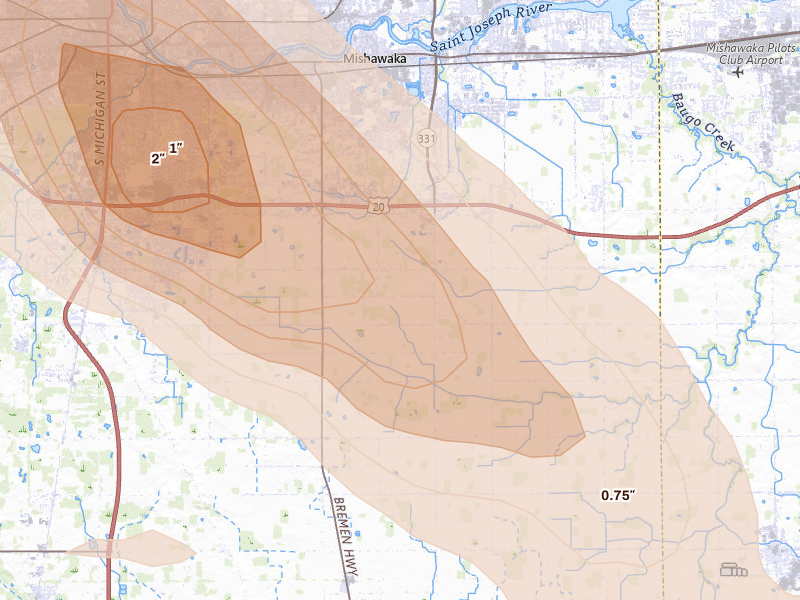 Radar-estimated hail-size map of the storm over Mishawaka, IN on Aug 10, 2026