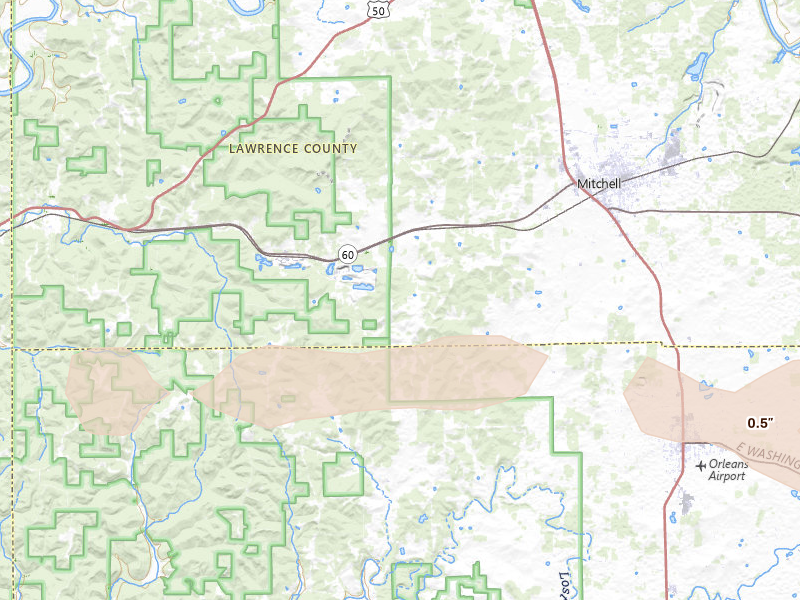 Radar-estimated hail-size map of the storm over Mitchell, IN on Mar 4, 2026