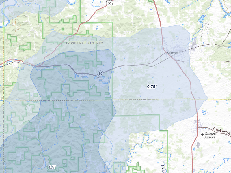 NEXRAD radar-signature map of the hail over Mitchell, IN