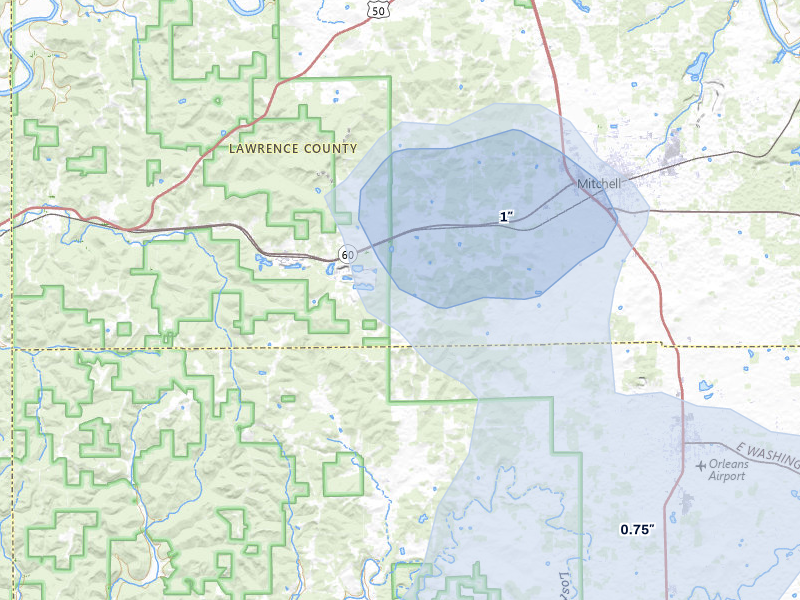 NEXRAD radar-signature map of the hail storm over Mitchell, IN on Aug 7, 2026