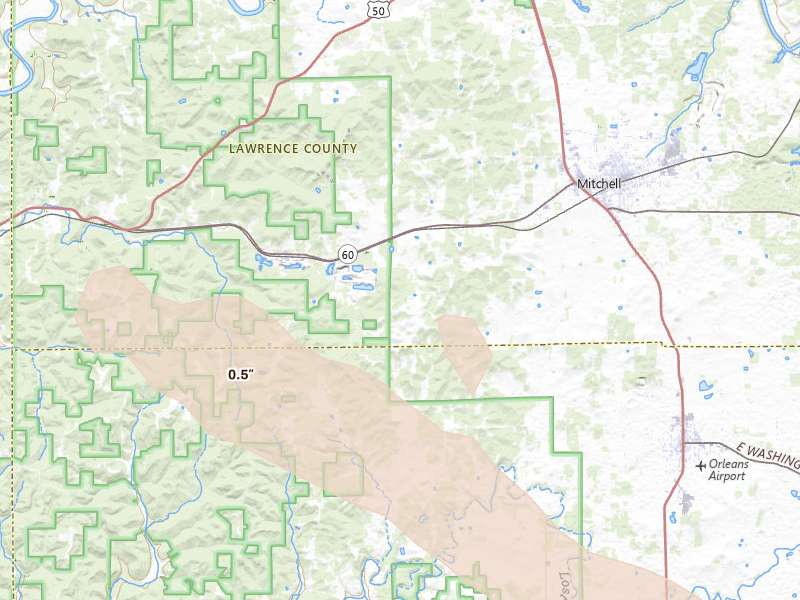 Radar-estimated hail-size map of the storm over Mitchell, IN on Aug 11, 2026