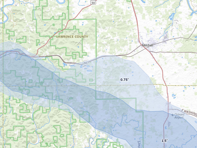 NEXRAD radar-signature map of the hail storm over Mitchell, IN on Aug 11, 2026