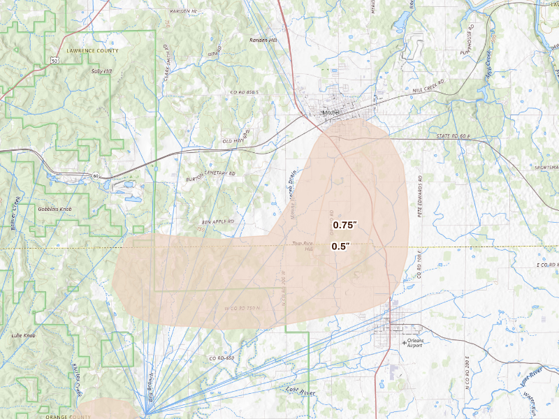 Radar-estimated hail-size map of the storm over Mitchell, IN