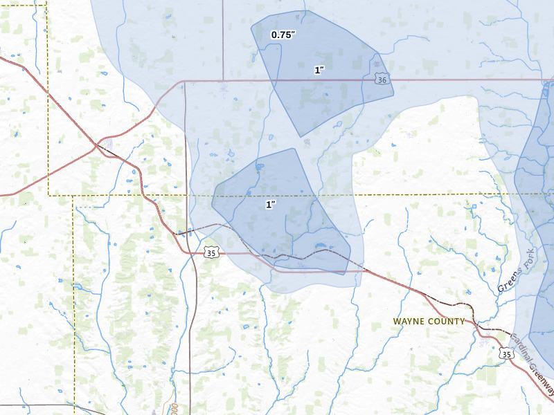 NEXRAD radar-signature map of the hail over Modoc, IN