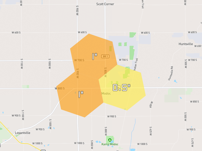 Hail map of Modoc, IN on Jul 3, 2026, hail up to 1"