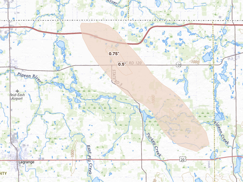 Radar-estimated hail-size map of the storm over Mongo, IN on Jul 27, 2026