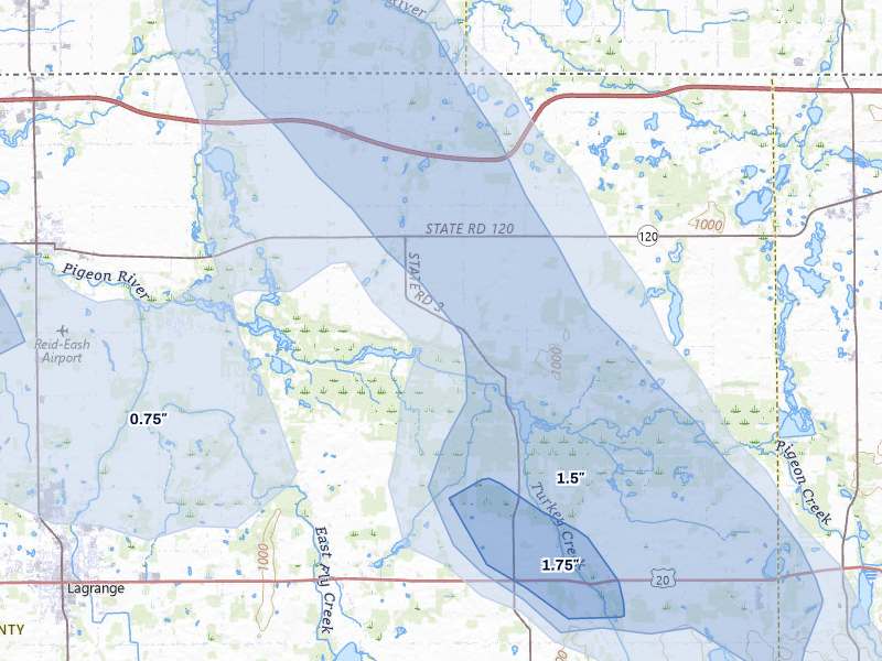 NEXRAD radar-signature map of the hail storm over Mongo, IN on Jul 27, 2026