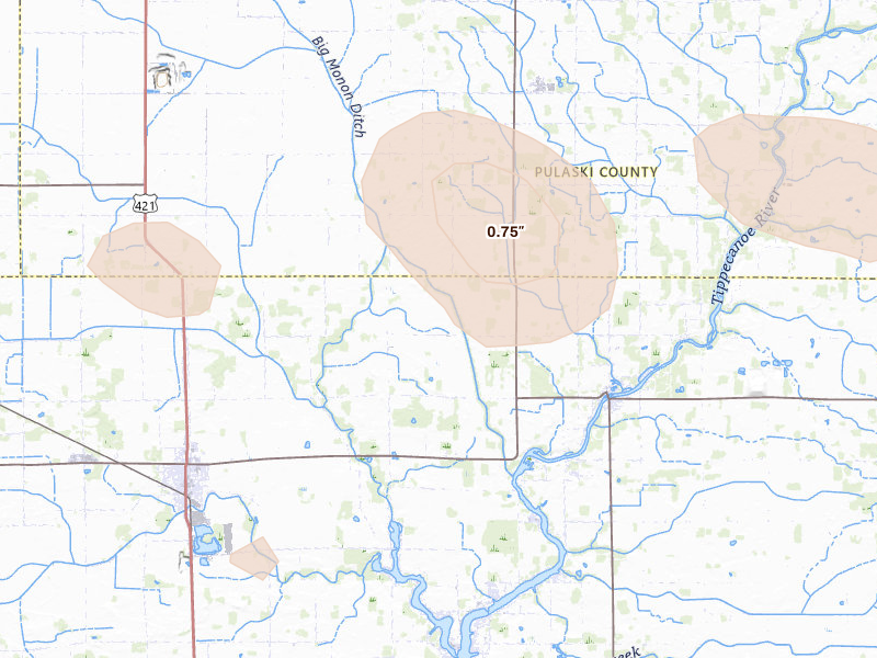 Radar-estimated hail-size map of the storm over Monon, IN on Mar 26, 2026