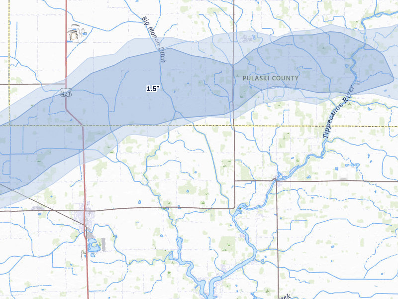 NEXRAD radar-signature map of the hail over Monon, IN