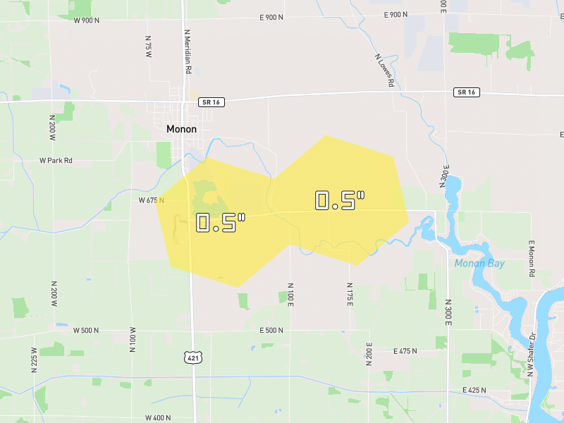 Hail map of Monon, IN on Jun 7, 2026, hail up to 0.5"