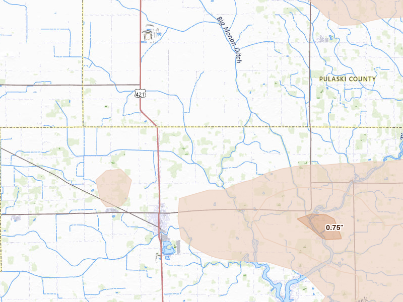 Radar-estimated hail-size map of the storm over Monon, IN on Aug 11, 2026