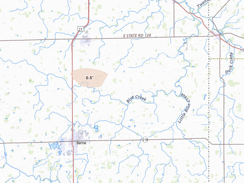 Radar-estimated hail-size map of the storm over Monroe, IN on Jul 3, 2026