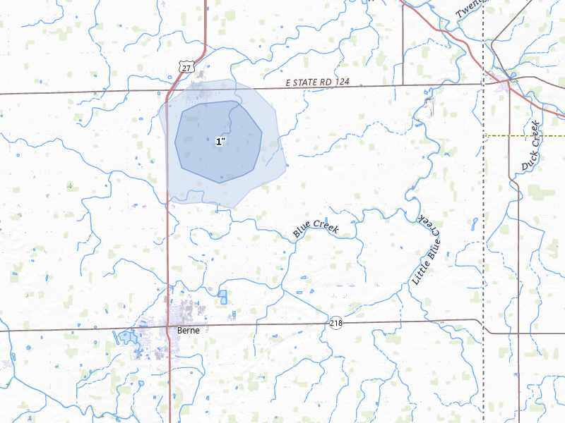 NEXRAD radar-signature map of the hail storm over Monroe, IN on Jul 3, 2026