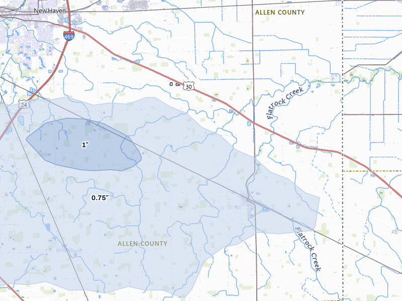 NEXRAD radar-signature map of the hail over Monroeville, IN