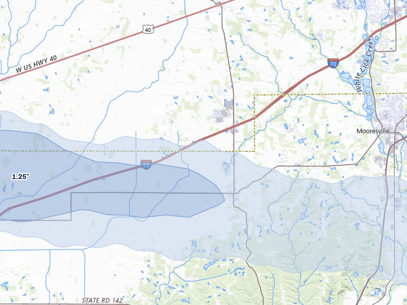 NEXRAD radar-signature map of the hail storm over Monrovia, IN on Mar 22, 2026