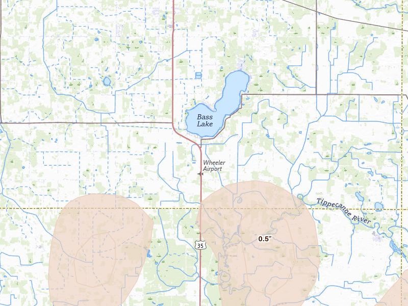Radar-estimated hail-size map of the storm over Monterey, IN on Mar 26, 2026
