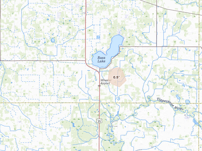 Radar-estimated hail-size map of the storm over Monterey, IN on Jul 18, 2026