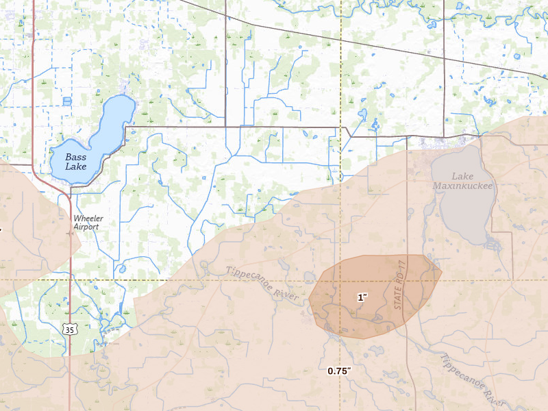 Radar-estimated hail-size map of the storm over Monterey, IN on Aug 10, 2026