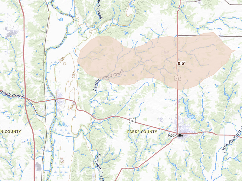 Radar-estimated hail-size map of the storm over Montezuma, IN on Mar 22, 2026
