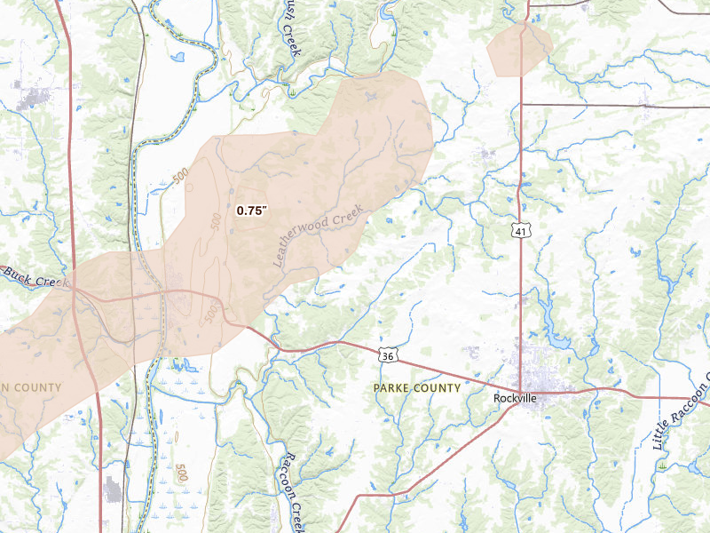 Radar-estimated hail-size map of the storm over Montezuma, IN on Apr 14, 2026