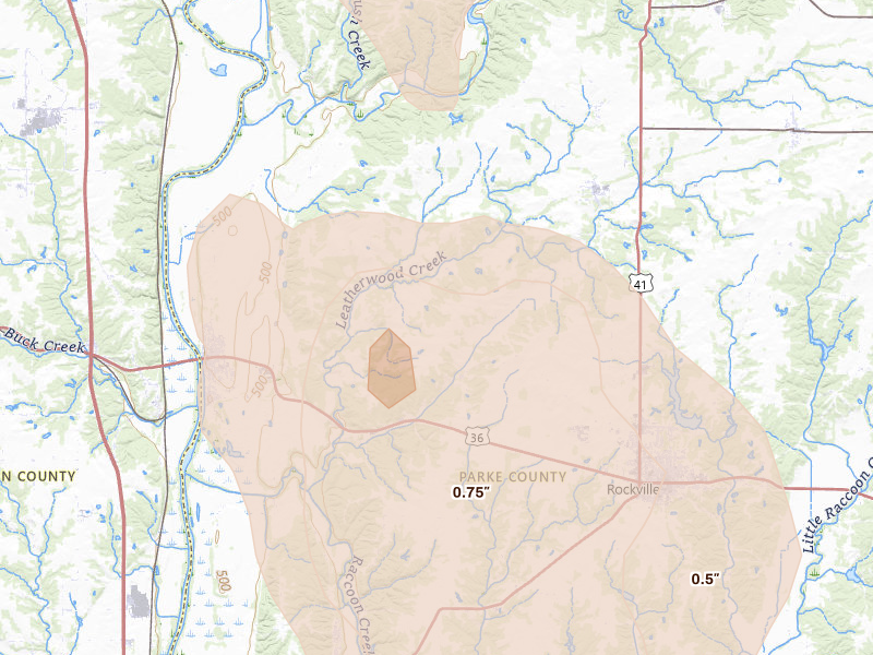 Radar-estimated hail-size map of the storm over Montezuma, IN on Jul 27, 2026