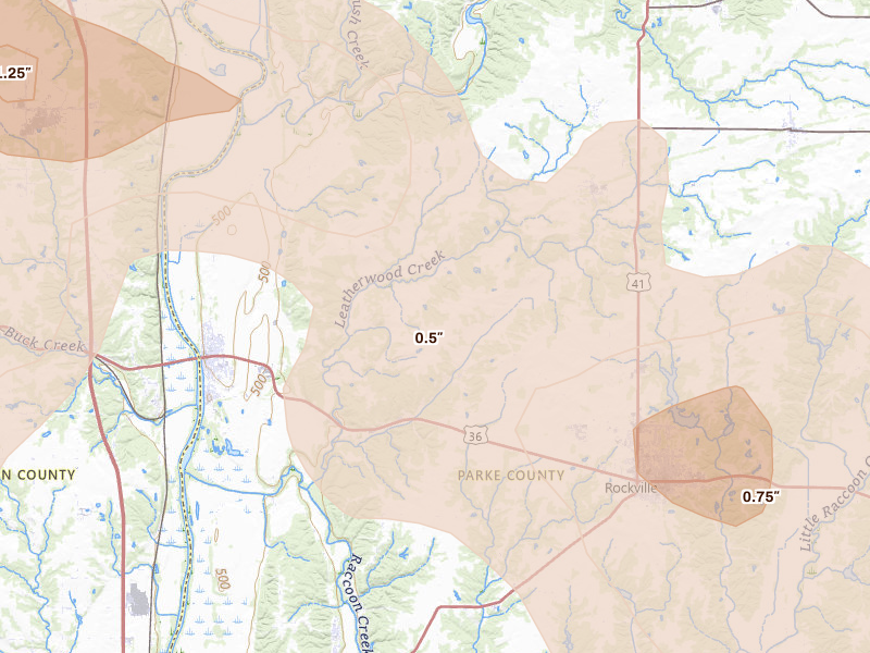 Radar-estimated hail-size map of the storm over Montezuma, IN on Aug 11, 2026