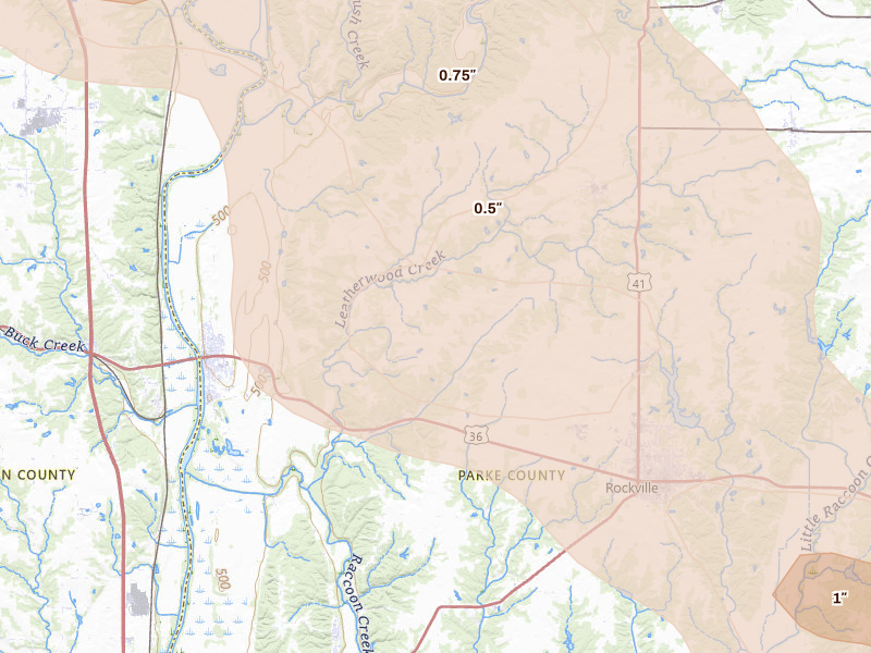Radar-estimated hail-size map of the storm over Montezuma, IN on Aug 13, 2026